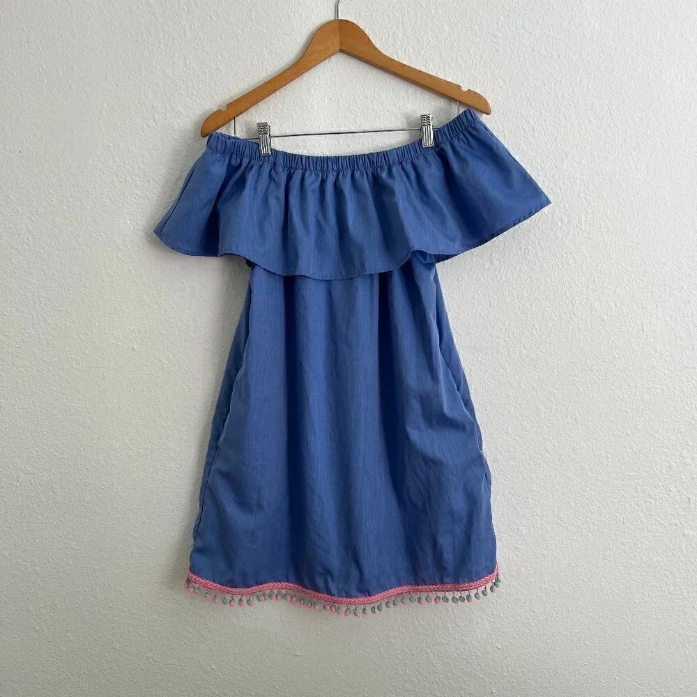 REMY Creations Chambray Off The Shoulder Pompom Hem Mini Dress S‌‌‌‌‌‌‌‌‌‌‌‌‌‌‌